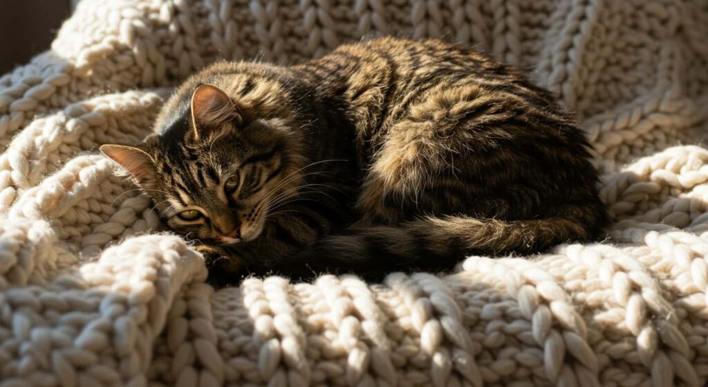 Brown tabby cat named Cookie resting on a cozy blanket