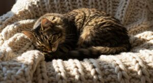 Brown tabby cat named Cookie resting on a cozy blanket