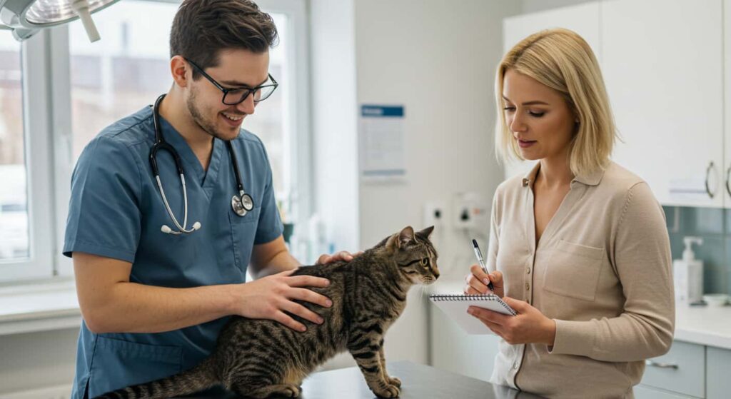 Vet checking tabby cat for signs of excessive shedding